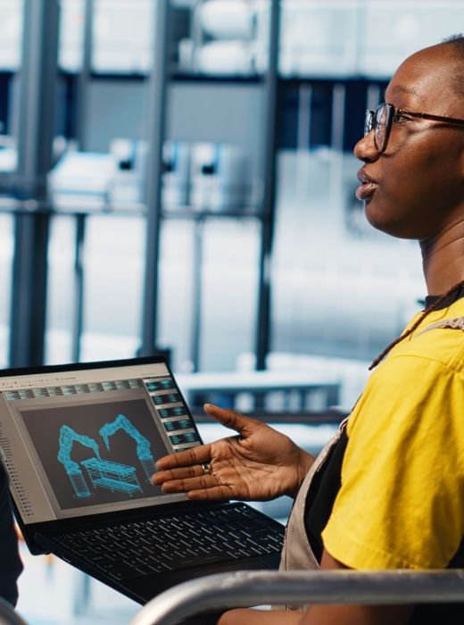 Engineers meeting with smart factory investor, showing insights based on collected data. Specialists discussing with industrial plant shareholder, presenting metrics gathered by sensors, camera A